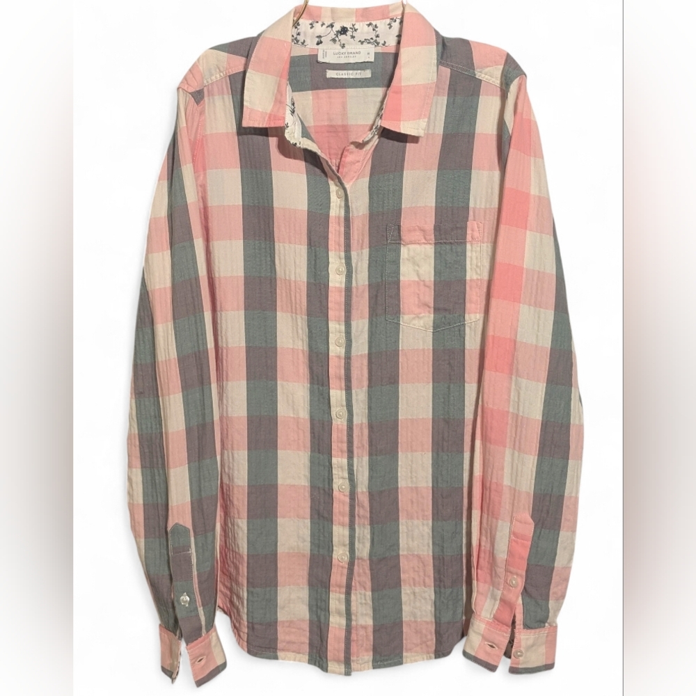 ​Lucky Brand Pink Gray Plaid Classic Fit Button-Down Shirt, Size M